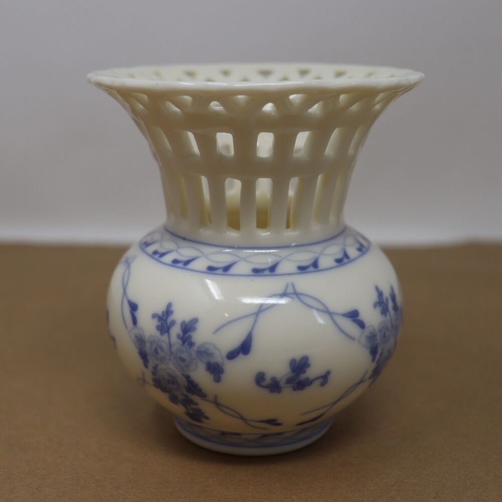 Skye McGhie Rose Brocade Porcelain Vase w Blue White Flowers 6" Tall